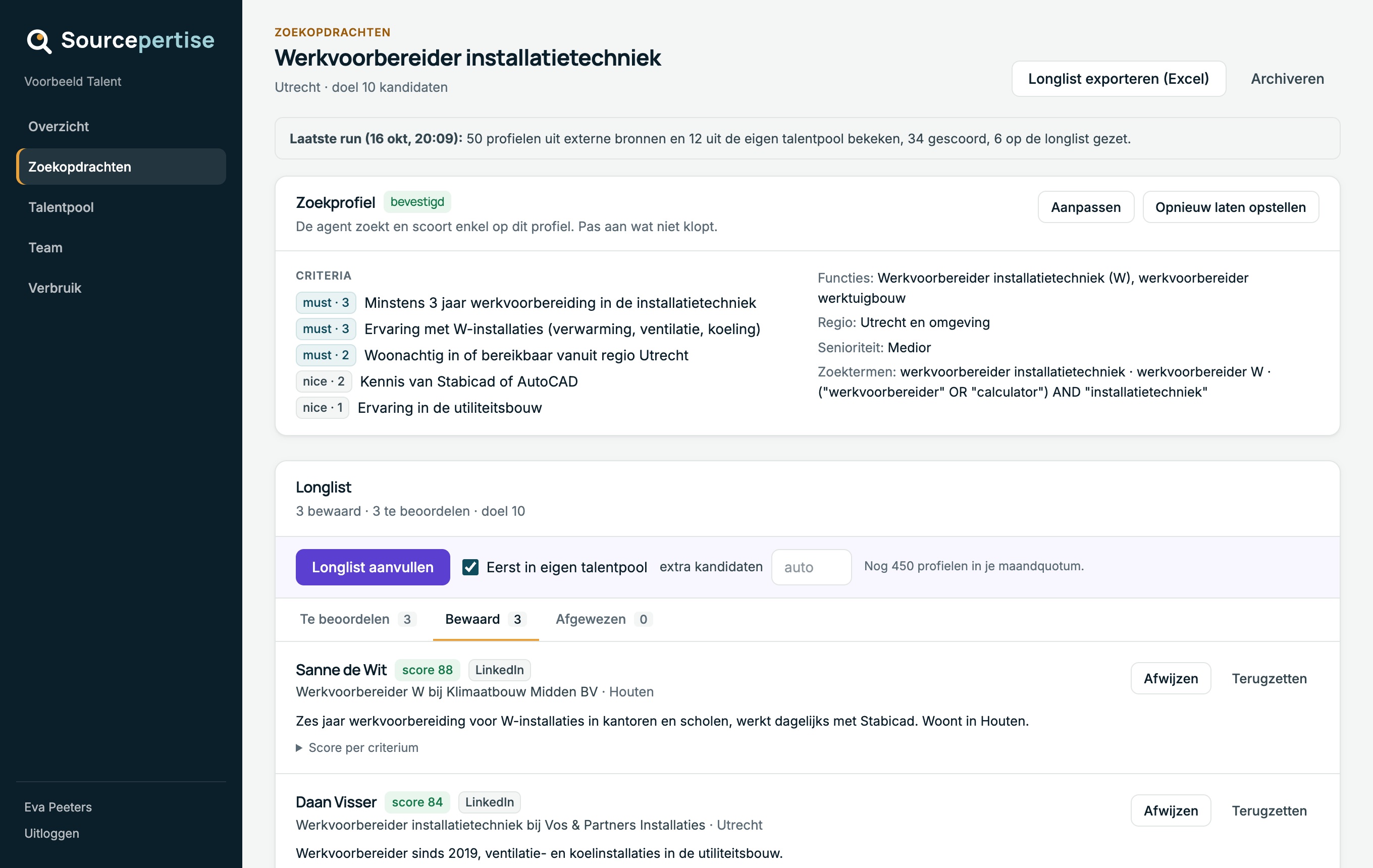 Een zoekopdracht met zoekprofiel en longlist in Sourcepertise (fictieve voorbeelddata)